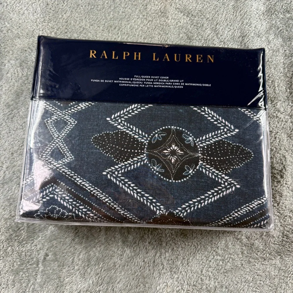 Ralph Lauren Francois Full Queen Duvet Cover‎ Blue Geometric Diamond Pattern